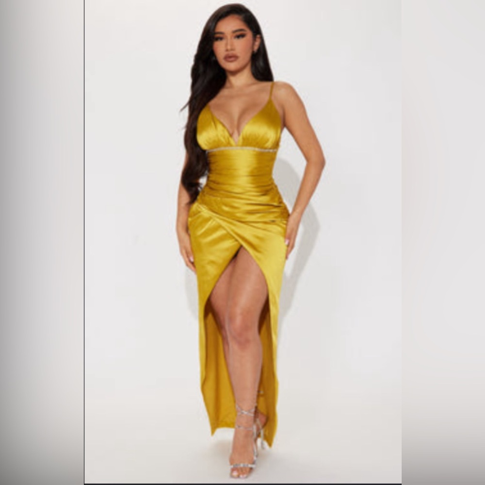 Perfect Homecoming FIND - Fashion Nova Ella Satin Maxi Dress - Mustard